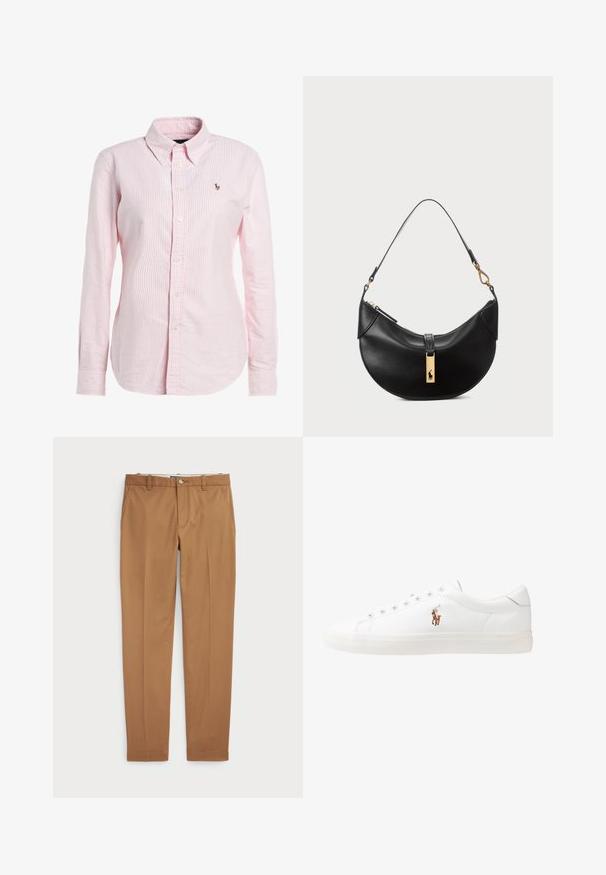 Polo Ralph Lauren HARPER CUSTOM FIT - Camicia - pink/white; Pantaloni in cotone marrone con un design slim-fit, frontale piatto e tasche standard; texture liscia e orli rifiniti.; Sneakers in pelle bianca, design low-top, caratterizzati da una texture liscia, punta rotonda, chiusura con lacci e un piccolo logo ricamato sul lato.; Borsa a tracolla nera in pelle a forma di mezzaluna. Presenta un accento in metallo dorato e una tracolla sottile. Tessuto liscio, chiusura a cerniera nella parte superiore.