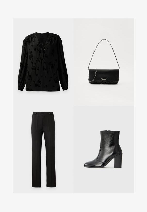 Crna bluzica od mekog materijala, s čipkastim dekolteom i cvjetnim uzorkom. Duga, napuhana rukava i opušteni kroj upotpunjuju dizajn.; Crne krojene hlače ravnog kroja, s dva prednja džepa, dugmetom za zatvaranje i pregibima sprijeda. Glatka tekstura tkanine.; Crna kožna čizma do gležnjeva s glatkom teksturom, špicastim vrhom i debelim visokim potpeticama. Ima bočni otvor i minimalistički dizajn.; Crna kožna torba s srebrnim lanac strapom, s dekorativnim krilnim naglascima i bijelim šavovima duž donjeg šava.