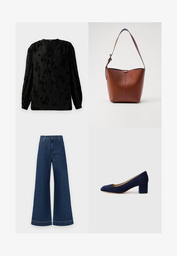 Črna bluzica iz mehke tkanine, ki ima vrvico za zavezovanje na vratu in cvetlični vzorec. Dolgi naborki in sproščen kroj dopolnjujeta dizajn.; Svetlo modri jeans širokih nogavic z visokim pasom, ki imajo zaponko, težke zanke za pas in subtilne šive ob žepih in robovih.; Temno modri nubuk čevlji s koničastim nosom in srednje visokim blokom. Gladka tekstura z diskretnim sijajem in majhnim izrezom spredaj.; Brah nožna torba iz usnja s ukrivljenim oblikom, gladko teksturo in enim tankim trakovi. Ima subtilno šiv in majhno oznako.