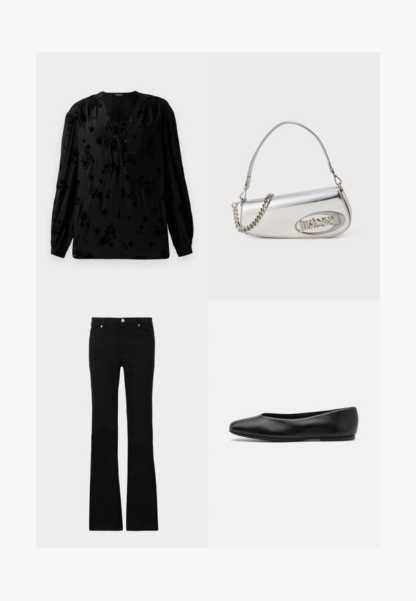 Black blouse made of soft fabric, featuring a lace-up neckline and floral pattern. Long, puffed sleeves and a relaxed fit complete the design.; Black flared jeans made of denim, featuring two front pockets, a button closure, and a smooth texture. Signature stitching visible at seams.; Paul Smith TOPANGA - Ballet pumps - black; Silver metallic handbag with a rounded triangular shape, featuring a logo, chain strap, and smooth texture. Zipper closure on the side.