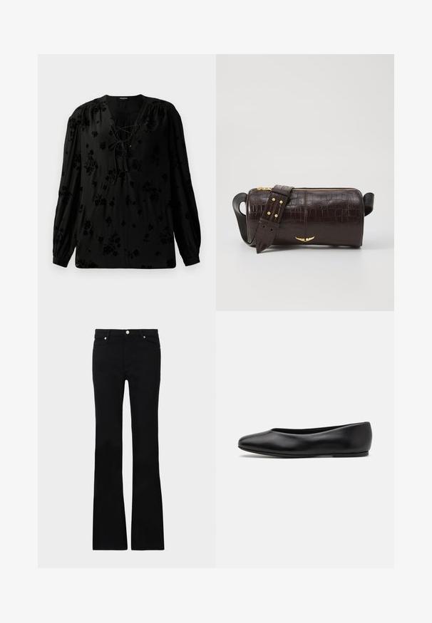 Schwarze Bluse aus weichem Stoff, mit einem Schnürkragen und floralem Muster. Lange, puffige Ärmel und eine lockere Passform runden das Design ab.; Schwarze, ausgestellte Jeans aus Denim, ausgestattet mit zwei Fronttaschen, einem Knopfverschluss und einer glatten Oberfläche. Signatur-Nähte an den Nähten sichtbar.; Paul Smith TOPANGA - Klassischer Ballerina - black; Braune, krokodilgeprägte Lederhandtasche mit zylindrischer Form, goldfarbener Hardware und einem abnehmbaren Tragegurt mit Nieten.