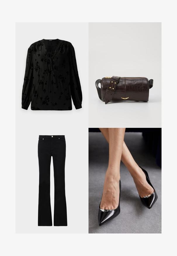Blusa nera realizzata in tessuto morbido, con scollatura laccata e motivo floreale. Maniche lunghe e puffate e una vestibilità rilassata completano il design.; Jeans neri svasati in denim, dotati di due tasche anteriori, chiusura con bottone e una texture liscia. Cuciture iconiche visibili nei punti di giuntura.; Scarpe nere in pelle con tacco alto, punta affilata e design aperto, caratterizzate da un accento decorativo in argento. Texture liscia con finitura lucida.; Borsa in pelle stampata a coccodrillo marrone con forma cilindrica, accessori in tonalità oro e una tracolla staccabile con borchie.