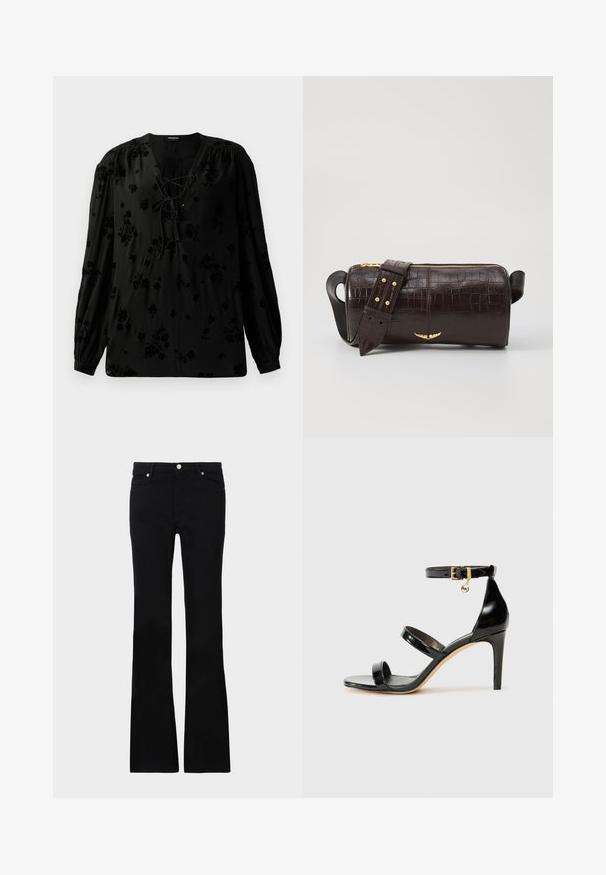 Juoda bluzonė, pagaminta iš minkštos medžiagos, su nėriniais išpjaustytu dekoru ir gėlių raštu. Ilgos, pūstos rankovės ir laisvas modelis užbaigia dizainą.; Juodi plačios kojų džinsai, pagaminti iš denimo, turintys dvi priekinės kišenes, užsegimą su mygtuku ir lygią tekstūrą. Išsiuvinėjimas matomas siūlėse.; Juodas patentuotas odinis sandalai su trimis diržais, kulkšnies sagtimi ir 4 colių stiletto kulnu. Yra aukso detalės ir logotipo žavesys.; Ruda krokodilo odspaudo odinė rankinė cilindro formos, su auksinėmis detalėmis ir nuimamu dirželiu, papuoštu studelėmis.