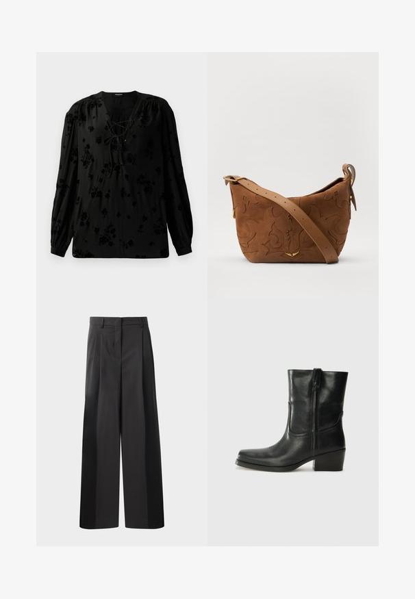 Bluză neagră dintr-un material moale, cu un guler cu șnur și un model floral. Mâneci lungi, bufante și o croială lejeră completează designul.; Pantaloni negri cu talie înaltă, cu picioare largi, având pliseuri frontale, o textură netedă și un finisaj croit. Concepuți pentru o croială relaxată.; Botine din piele neagră, cu vârf rotund, toc pătrat, fermoar pe lateral și accente de cusături pe partea superioară. Textură netedă, design clasic.; Geantă de umăr din suede maro cu un design floral embosat, completată de o curea din piele maro netedă și accente din metal auriu.