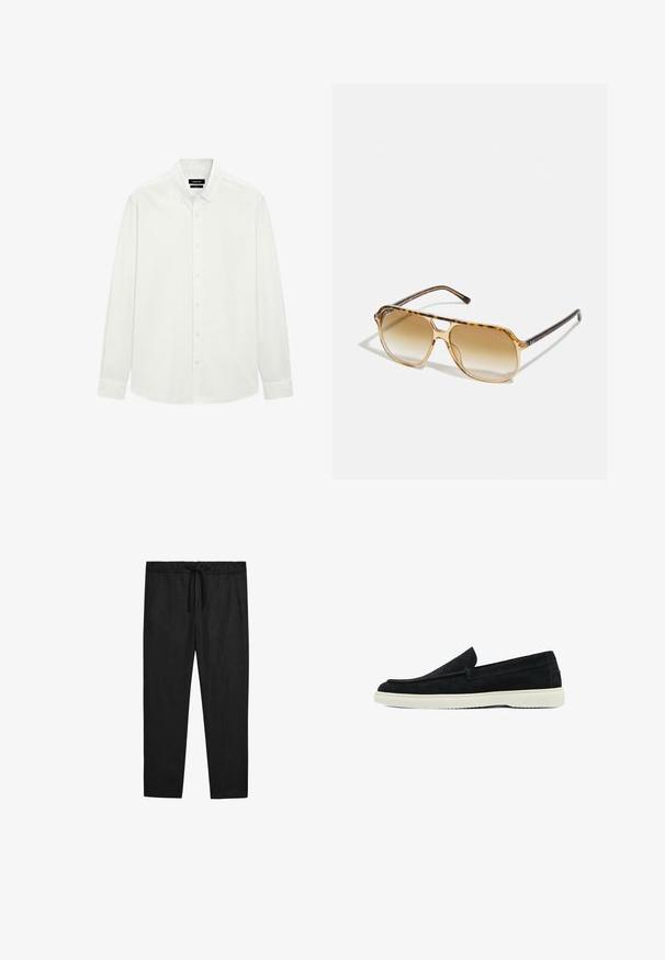 Camicia bianca a maniche lunghe con colletto a bottoni e polsini standard, esposta piatta su uno sfondo bianco.; Massimo Dutti JOGGER FIT - Pantaloni - black; Scarpe slip-on in suede nero con profilo basso e suole in gomma bianca. Presentano una punta arrotondata e dettagli di cucitura discreti.; Occhiali da sole tartarugati con montatura rettangolare, lenti marroni sfumate e astine nere eleganti con accenti logotipo sottili.