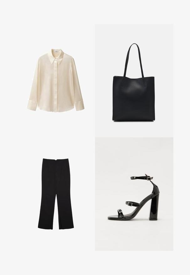 Mango Košilová halenka - off-white; Černé kalhoty s rovným střihem, s předními kapsami a bočními rozparky na lemu. Vyrobené z jemné, hladké tkaniny. Vhodné na různé příležitosti.; Černé lakované sandály na podpatku se čtveratou špičkou, lýtkovými pásky a stříbrnými přezkami. Disponují masivním blokovým podpatkem pro stabilitu.; Černá kožená taška přes rameno s hladkým povrchem, obdélníkovým tvarem a dvěma dlouhými uchy. Žádné viditelné kování ani ozdoby.