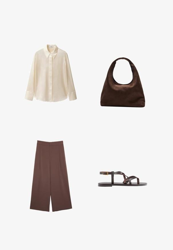Mango Hemdbluse - off-white; Braune Weite-Leg-Hosen mit einer glatten Textur, hoher Taille und Vorderfalten. Der Stoff ist leicht und fällt locker.; Braune Leder-Sandale mit überkreuzten Riemen, einem Knöchelriemen mit Schnalle und einer flachen Sohle mit minimalen Nähdetails.; Weiche braune Hobo-Stil Handtasche mit einem einzigen breiten Trageriemen und einer geschwungenen Oberteilöffnung, auf einem weißen Hintergrund präsentiert.