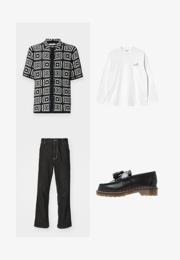 Lyhythihainen paita mustavalkoisella neliökuviolla. Valmistettu teksturoituneesta kankaasta, jossa on nappisuljenta ja terävä kaulus.; Pitkähihainen valkoinen puuvillapaita, jossa on pyöreä kaula-aukko. Vasemmassa rinnassa on pieni keltainen ja burgundinvärinen logo. Saumattomat hihansuut ja helma.; Mustat farkut, joissa on löysä istuvuus, erottuva valkoinen ompelu, nappikiinnitys ja suora lahje.; Mustat nahka loaferit, joissa on teksturoitu pinta, koristeellinen tupsu ja erottuva keltainen ommel, paksulla, läpinäkyvällä pohjalla.