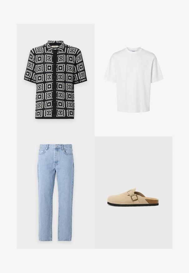 Kortærmet skjorte i sort og hvid med firkantet mønster. Lavet af struktureret stof, med knaplukning foran og spidse krave.; Hvid bomulds T-shirt med korte ærmer, rund halsudskæring og en afslappet pasform. Glat tekstur uden synlige mønstre eller detaljer.; Lysblå denim jeans med lige ben-design, fem lommer og knaplukning. Blød tekstur med en klassisk falmet finish.; Beige ruskinds-sandaler med korkfodseng, rund tå og en enkel rem med en guldfarvet spænde. Gummisål for godt greb.