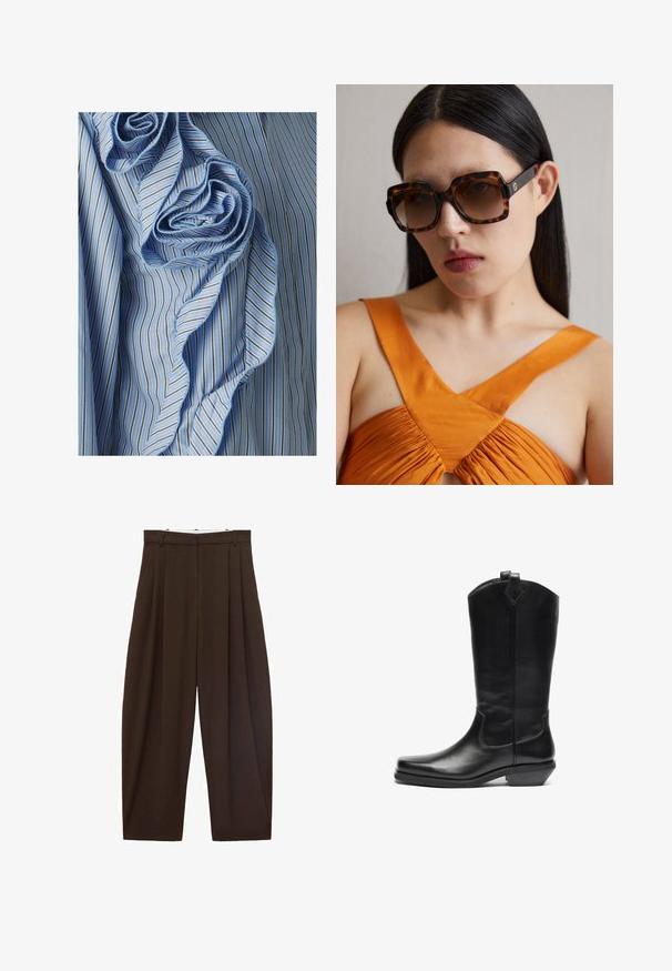 YAS YASROSE - Camicia - vista blue/white/black; Pantaloni marroni a vita alta con pieghe, realizzati in tessuto morbido. Vestibilità ampia, design a gamba dritta, dotati di passanti per cintura e chiusura con zip.; Stivale da cowboy in pelle nera a metà polpaccio con punta affusolata, tacco inclinato, linguetta superiore e decorazioni in cucitura minime.; Occhiali da sole oversize in tartaruga marrone con una ampia montatura rettangolare e lenti sfumate. Dettaglio del logo in oro sul lato.; Borsa a tracolla in suede marrone con una lunga cinghia in pelle, accessori in argento, forma rettangolare e un pattina piatta con un abbellimento centrale.