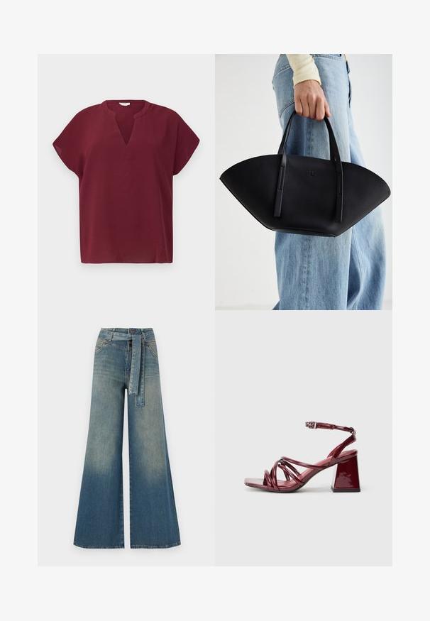 Burgundi rövid ujjú felső V-nyakkal, texturált anyagból készült. Lazább fazonú és letisztult szegéllyel rendelkezik.; Bőszárú farmernadrág, világos és sötétkék árnyalatokkal, magas derekú, övgyűrűkkel és a nadrággal megegyező anyagú övvel. Textúrált farmer kivitel.; Pohár vörös lakk magassarkú szandál négyzettalpú, több egymásba tekeredő pánttal és vastag, blokk sarkú. Állítható boka pánt.; Fekete bőr kézitáska egyedi legyezőformával, lapos füllel. A felülete kőriszerű textúrájú és minimalista dizájnnal rendelkezik.
