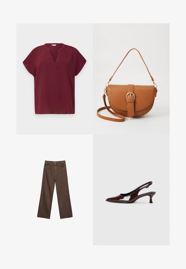 Burgunderfärgad kortärmad topp med V-ringning, tillverkad av ett texturerat material. Har en avslappnad passform och en ren fåll.; Breda bruna jeans i denim med hög midja, framfickor och klassisk knäppning. Slät textur med subtil sömnad.; Brun lackläder slingback-sko med spetsig tå och en måttlig klack. Utrustad med en spännband för säker passform. Slät textur.; Brun läder crossbody-väska med en böjd form, gyllene detaljer och en spänneaccent. Har en avtagbar axelrem.
