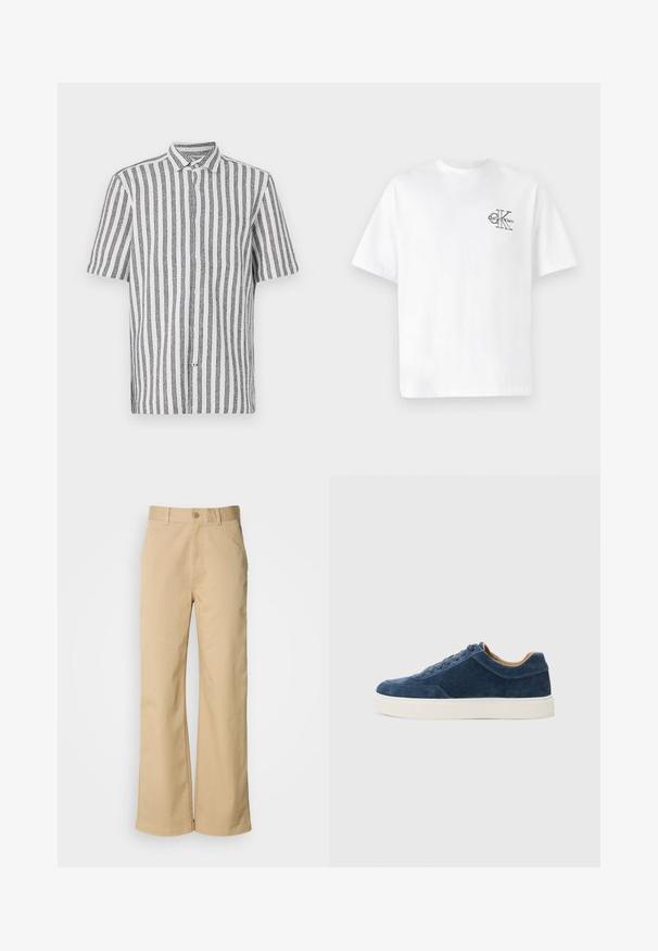 Rövid ujjú gombos ing fehér színben, tengerészkék függőleges csíkokkal. Légáteresztő anyagból készült, klasszikus gallérral és lazább fazonnal.; Fehér pamut póló rövid ujjakkal, kerek nyakkal, a bal mellkas részen fekete CK logóval, normál szabású, sima tapintású.; Beige, bőszárú nadrág, pamut keverékből készült. Gombos záródással és övhurkokkal rendelkezik. Simább textúra, minimális varrással.; Kék velúr sportcipő fehér gumitalppal, fűzős kivitel, kerek orral, és kontrasztos barna belső résszel. Finom varrási részletek.