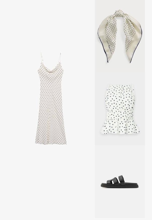 Haut blanc à pois navy, avec une taille smockée et un ourlet évasé. Fines bretelles complètent le design. Matière en coton léger.; Robe sans manches en tissu doux et léger ; fond crème avec des pois noirs ; décolleté drapé et silhouette fluide.; Sandales noires en cuir avec deux larges sangles, design à bout ouvert, et une semelle épaisse en caoutchouc noir avec un motif texturé et strié.; Écharpe en soie avec un fond crème et des pois navy, nouée au centre ; bord navy ; comprend le texte "Lauren Ralph Lauren."; Sac fourre-tout noir tissé avec un dessus arrondi, des coutures latérales et deux poignées tressées. Présente un motif texturé et un intérieur spacieux.
