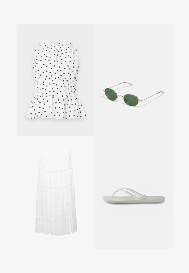 Bela majica s mornarskimi pikami, z nabranim pasom in širokim robom. Tanke naramnice dopolnjujejo dizajn. Lahek bombažni material.; Bela večplastna krila iz lahkotnega materiala, ki ima elastičen pas, nabrane plasti in tekoč dizajn, ki se razteza do sredine meč.; Bela natikača s teksturirano podplatom, koja ima tanke trakice i ravni dizajn. Napravljena od gume s suptilnim logotipom na ulošku.; Sončna očala z zlatim okvirjem, zelenimi ovalnimi lečami in tankimi kovinskimi ročaji. Imajo prozorne plastične konice na ročajih za udobje.; Tkanina iz slame s kožnimi detajli v rjavi barvi, dva ročaja in snemljiv trak. Ukrojena oblika z trdnim dnom.