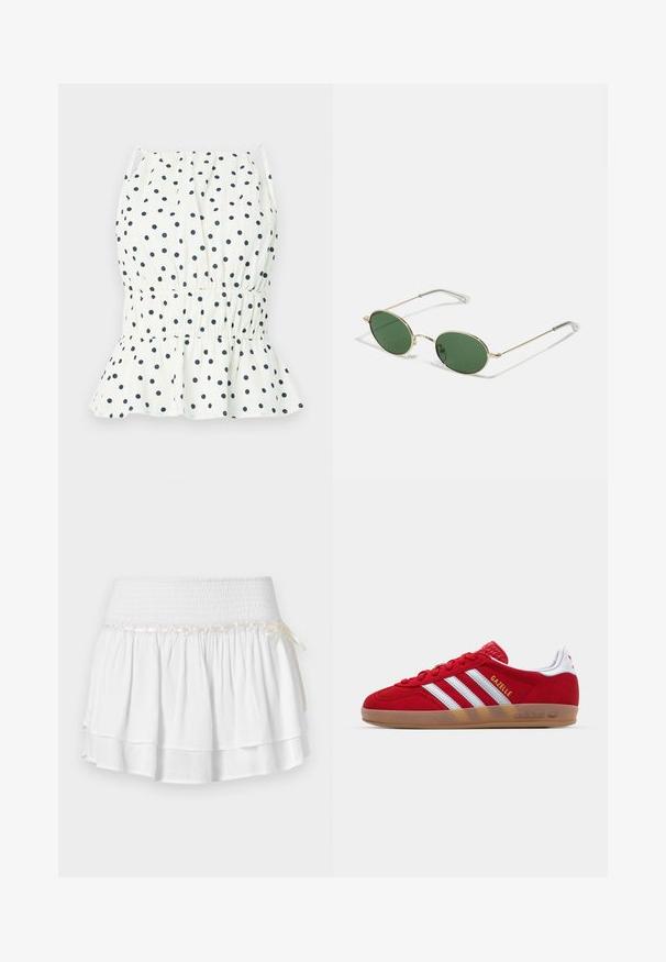 White top with navy polka dots, featuring a smocked waist and flared hem. Thin shoulder straps complete the design. Lightweight cotton material.; White tiered skirt with an elastic waistband, featuring a textured smocking detail and a decorative ribbon accent. Cotton fabric.; Red suede sneaker with white three-stripe design and gold "Gazelle" text. Features a rubber gum sole and textured heel.; Gold-framed sunglasses with green oval lenses and thin metal arms. Features clear plastic tips on the arms for comfort.; Woven straw basket bag with brown leather accents, two handles, and a detachable strap. Curved shape with a sturdy base.