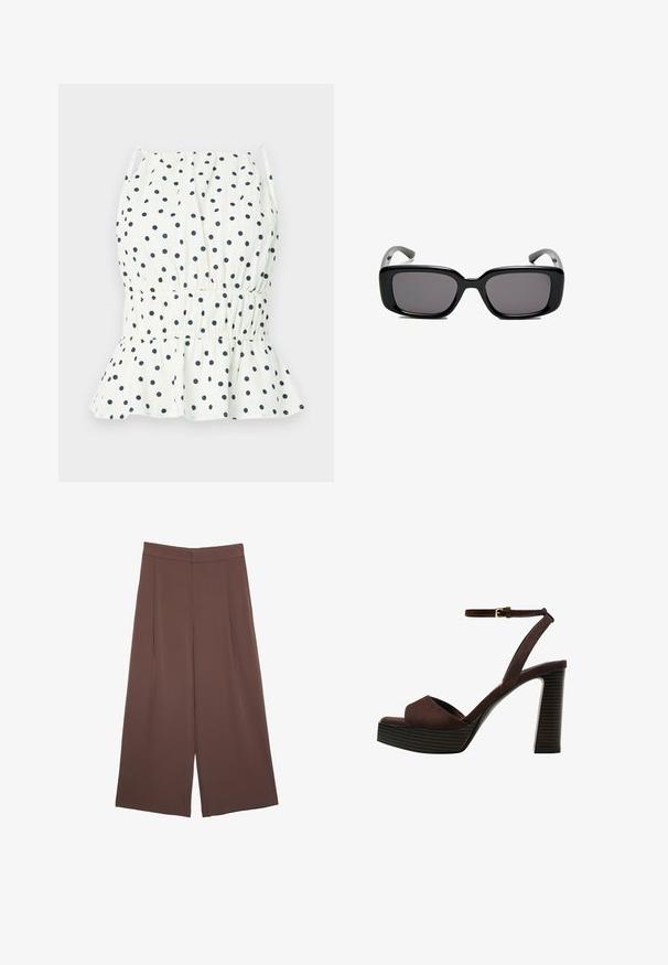 Haut blanc à pois navy, avec une taille smockée et un ourlet évasé. Fines bretelles complètent le design. Matière en coton léger.; Pantalons larges marron avec une texture lisse, dotés d'une taille haute et de plis à l'avant. Le tissu est léger et tombe de manière fluide.; Sandale à talons hauts en suede marron avec un bout ouvert, une bride de cheville réglable et une semelle de plateforme rayée.; Lunettes de soleil noires rectangulaires avec des verres foncés, monture en plastique lisse et branches courbées. Le design est épais avec une esthétique minimaliste.