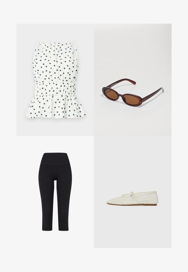 Weißes Oberteil mit marineblauen Pünktchen, ausgestattet mit einem Gummizug in der Taille und einem ausladenden Saum. Dünne Träger runden das Design ab. Leichtes Baumwollmaterial.; Schwarze 3/4-Leggings aus dehnbarem Material mit hohem Taillenbund und ohne sichtbare Muster oder Hardware.; Cremefarbene Netz-Ballettschuhe mit spitzem Zehenbereich und verstellbarem Riemen. Verfügt über ein strukturiertes Obermaterial und eine flache, braune Sohle.; Runde, braun getönte Sonnenbrillen mit einem glänzenden burgunderfarbenen Rahmen. Schlanke Bügel mit dezentem Branding. Flaches Linsendesign.; Braune, geflochtene Lederhandtasche mit einer lässigen, dreieckigen Form. Verfügt über einen geflochtenen Griff und einen Reißverschluss an der Oberseite.