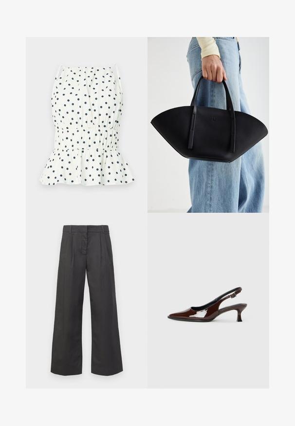 Balta blūze ar tumši zilajiem punktiņiem, ar smockētu vidukli un flared apakšmalu. Plānas plecu siksnas papildina dizainu. Gaisīgs kokvilnas materiāls.; Melnās platās bikses, kas izgatavotas no auduma, kurām ir augsts viduklis, priekšējās kroku un smalkas kabatas. Gluda faktūra ar tīru apdari.; Brūnas patentētas ādas sprauga kurpes ar norādītu pirkstu un mērenu papēdi. Aprīkotas ar sprādzi, lai nodrošinātu drošu fit. Gluda tekstūra.; Melnas ādas rokassoma ar unikālu ventilatora formu, aprīkota ar plakaniem rokturiem. Virsma ir ar graudainu faktūru un minimālistisku dizainu.