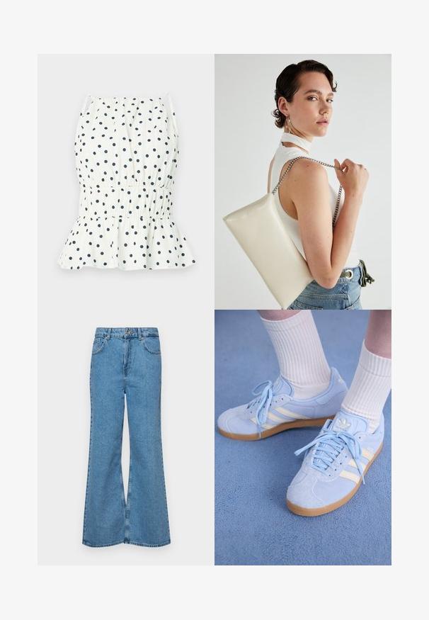 Haut blanc à pois navy, avec une taille smockée et un ourlet évasé. Fines bretelles complètent le design. Matière en coton léger.; Jean flare bleu clair en denim, avec une taille haute, cinq poches et une fermeture à un bouton. Texture douce avec une finition décolorée.; Baskets en daim bleu clair avec des rayures blanches, lacets plats et semelle en caoutchouc gomme. Des chaussettes blanches côtelées sont portées au-dessus de la cheville.; Pochette rectangulaire blanche en matériau brillant, avec une bandoulière en chaîne argentée. Le modèle pose en mettant en valeur le sac contre un fond uni.