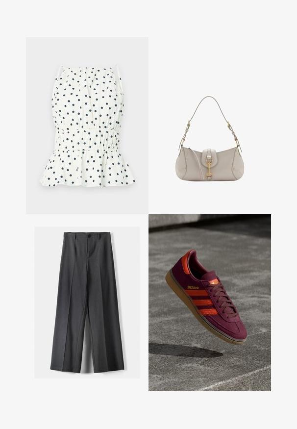 Weißes Oberteil mit marineblauen Pünktchen, ausgestattet mit einem Gummizug in der Taille und einem ausladenden Saum. Dünne Träger runden das Design ab. Leichtes Baumwollmaterial.; Weite Beinhosen aus dunkelgrauem Stoff mit Knopfverschluss, vorderen Falten und Gürtelschlaufen. Glatte Textur mit maßgeschneidertem Design.; Bordeauxfarbene Wildleder-Sneaker mit orangen Streifen und Akzenten, braunen Schnürsenkeln und einer Gummisohle. Mit einem Logorabatt auf der Zunge.; Helle graue Lederhandtasche mit geschwungener Form, goldenen Beschlägen, einem Frontverschluss und gesteppten Details. Verstellbarer Schulterriemen inklusive.