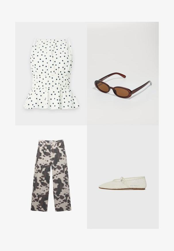 Haut blanc à pois navy, avec une taille smockée et un ourlet évasé. Fines bretelles complètent le design. Matière en coton léger.; Jeans évasés de couleur beige avec un motif imprimé vache marron. Présentent une fermeture à bouton et un design à cinq poches. Fabriqués en denim.; Ballerines en maille de couleur crème avec un bout pointu et une sangle ajustable. Présentent un dessus texturé et une semelle plate marron.; Lunettes de soleil rondes teinte brun avec une monture bordeaux brillante. Branches fines avec un détail de marque subtil. Design de verres plats.; Sac à main en cuir tissé marron avec une forme triangulaire et souple. Il possède une poignée tressée et une fermeture éclair sur le dessus.