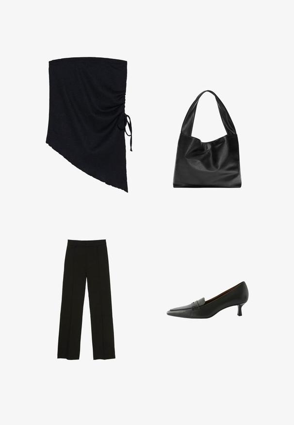 Sort stofindpakning med en tekstureret overflade, der har en asymmetrisk form og rynkede detaljer, der er sikret med et sidesnor.; Sorte brede bukser lavet af et glat stof, med en tætsiddende talje og subtile frontfolder for ekstra tekstur.; Sorte læderhællet sko med spids tå og en dekorativ rem. Har en lav stiletto hæl og en glat overflade.; Sort læder tote bag med et blødt, slattent design, brede håndtag og en glat tekstur. Ingen synlig hardware eller udsmykninger.