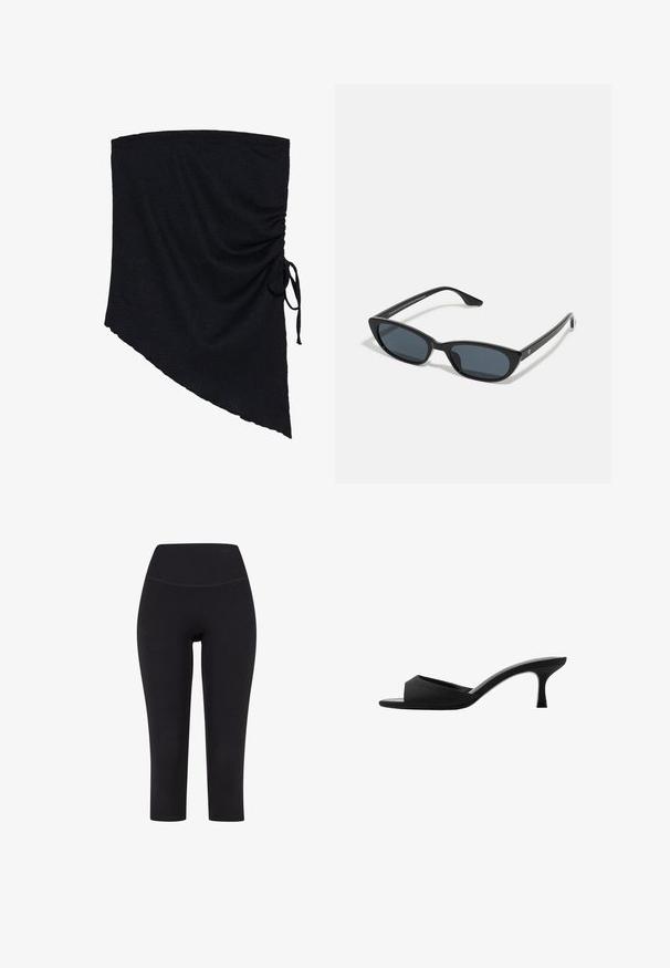 Zwarte stofomslag met een gestructureerd oppervlak, met een asymmetrische vorm en gerimpelde details, vastgemaakt met een zijstrik.; Zwarte driekwart leggings van rekbare stof, met een hoge tailleband en zonder zichtbare patronen of hardware.; Zwarte hakken mules met een brede, open teen en een gebogen bovenkant. Gemaakt van textuurstof, met een slanke hak en een gladde zool.; Zwarte cat-eye zonnebril met donkere lenzen, kunststof frame, slanke pootjes en subtiele branding op de binnenkant van de poot. Mat afgewerkte textuur.