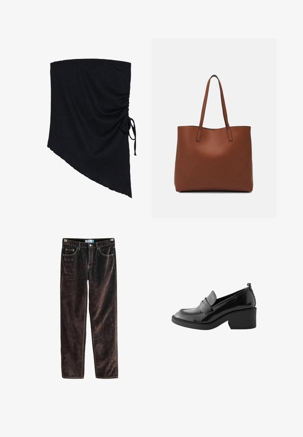 Mustal kangasümbris tekstureeritud pinnaga, omades ebaühtlast kuju ja rütmiga detailsusi, mis on kinnitatud külgitõmbe abil.; Pruunid korduroy sirged püksid viie taskuga, kontrastsete õmblustega ja nööbiga kinnitusega vööl. Pehme tekstuur ribadetaolisest mustrist.; Must musta nahk kingad, millel on plokk konts, õmmeldud varbajoon ja punutud detail kontsas. Lame kummipõhi haardeks.; Pruun nahast tote-kott, millel on sile tekstuur, avatud ülaosa disain ja kaks õlarihma. Omab minimaalset õmblust ja nähtavat riistvara ei ole.