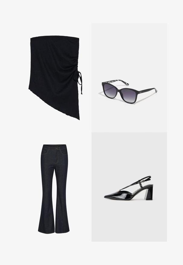 Fekete szövet csomagolás texturált felülettel, aszimmetrikus formával és oldalsó kötővel rögzített redőzött részletekkel.; Sötétkék, bővülő szárú farmernadrág. Elülső zsebekkel, látható varrással és gombos derékzárral rendelkezik. Sima textúra.; Fekete lakk bőrből készült slingback magas sarkú cipők hegyes orral, állítható pánttal és vastag téglalap alakú sarokkal.; Fekete napszemüveg, fokozatos árnyalatú lencsékkel, négyzet alakú, és mintás fekete-fehér szárakkal. Ezüst logó díszítéssel rendelkezik.