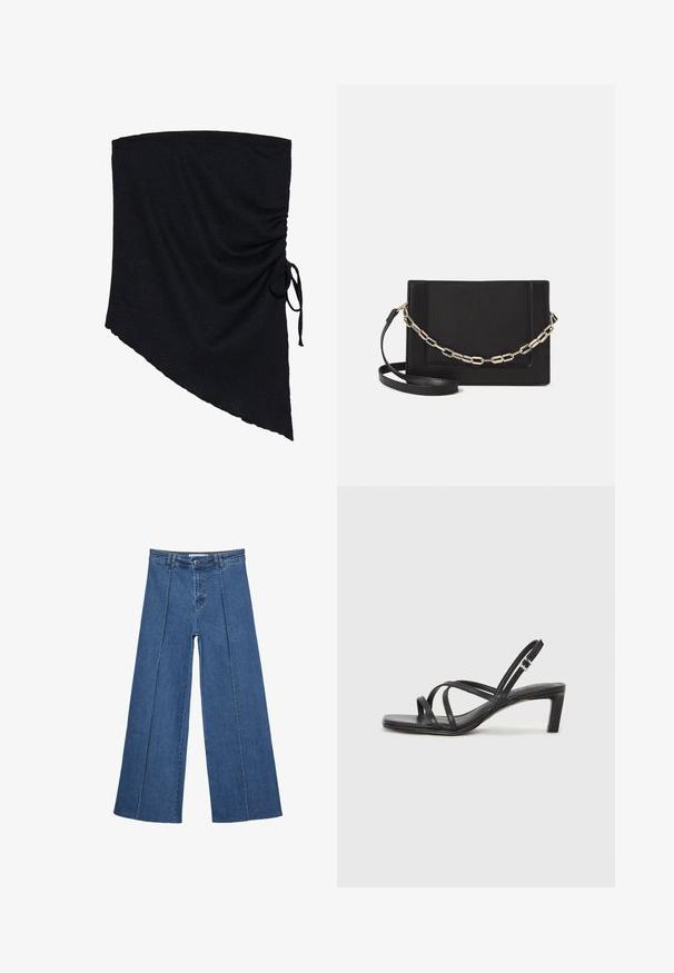 Crni materijal umotan s teksturiranom površinom, s asimetričnim oblikom i nabranim detaljima učvršćenim bočnom vezicom.; Široke traperice u srednje plavoj boji, s visokim strukom, zatvaranjem na dugme i kontrastnim vertikalnim šavovima duž prednje strane.; Crne sandale s trakama, kvadratnim prstom i niskom blok petom. Ima više tankih trakica i podesivu trakicu oko gležnja. Izrađene su od glatke kože.; Crna kožna torba preko tijela s glatkom teksturom, pravokutnim oblikom i metalnim lancem na prednjoj strani. Uključena je podesiva naramenica.