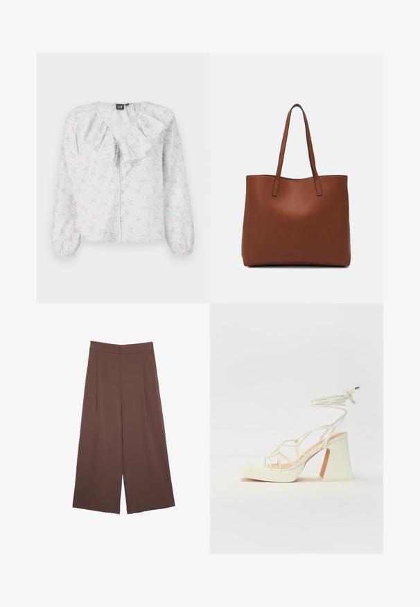 Biała bluzka z falbaniastym dekoltem, wzór kwiatowy w odcieniach różu i niebieskiego, długie rękawy oraz zapięcie na guziki z przodu. Lekki, teksturowany materiał.; Brązowe spodnie o szerokich nogawkach z gładką fakturą, z wysokim stanem i plisami z przodu. Materiał jest lekki i luźno opada.; Biała sandał na wysokim obcasie z masywnym słupkiem, z paskowym wzorem i wiązaniem przy kostce. Gładka faktura z platformą z przodu dla dodatkowej wysokości.; Brązowa skórzana torba tote o gładkiej fakturze, z otwartym wierzchem i dwoma ramiączkami. Charakteryzuje się minimalnym przeszyciem i brakiem widocznych elementów metalowych.