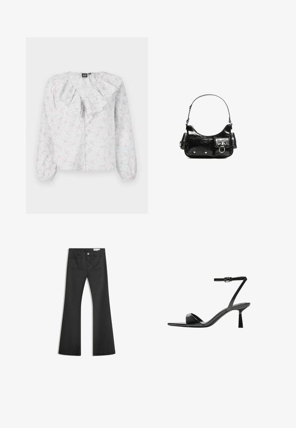 White blouse with a ruffled neckline, floral pattern in pink and blue, long sleeves, and button front closure. Lightweight, textured fabric.; Black flared jeans made of denim with a smooth texture, featuring two back pockets and a button closure at the waist.; Bershka High heeled sandals - black; Black patent leather handbag with a curved shape, one shoulder strap, front pockets, and silver-tone hardware accents.