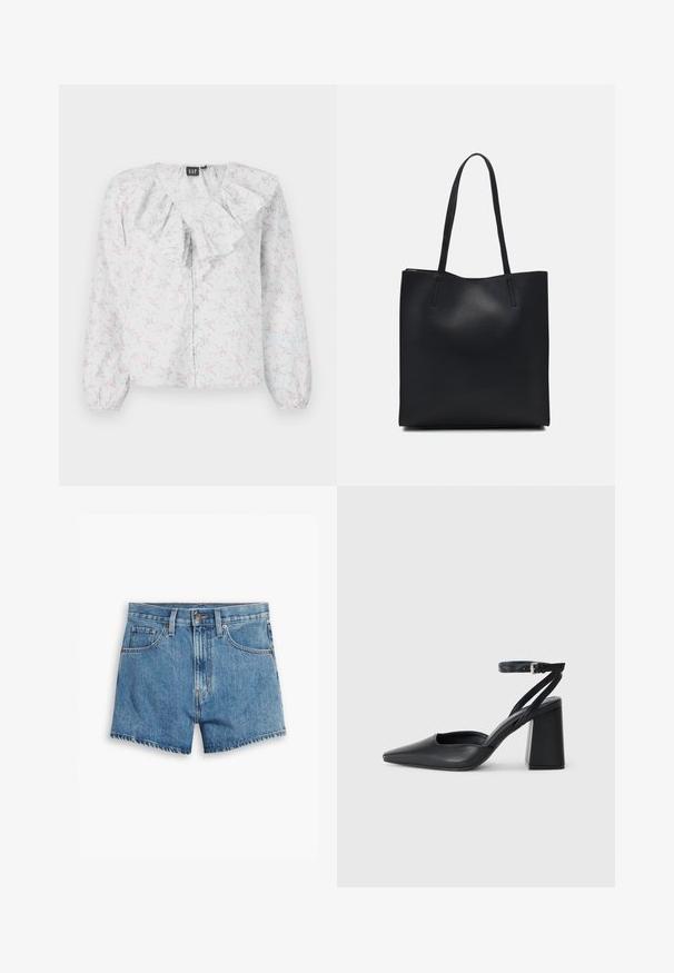 Bluză albă cu decolteu din volane, model floral în roz și albastru, mâneci lungi și închidere cu butoane în față. Material ușor, texturat.; Șorturi din denim de culoare albastră deschisă, cu cinci buzunare, fermoar și închidere cu bătaie. Marginile sunt desfăcute, având un design confortabil.; Pantofii cu toc ascuțit din piele neagră, cu breteaua pentru glezne și toc gros. Textură netedă, design elegant și estetică minimală.; Geantă tote neagră din piele, cu textură netedă, formă rectangulară și două mânere lungi. Fără hardware vizibil sau ornamente.