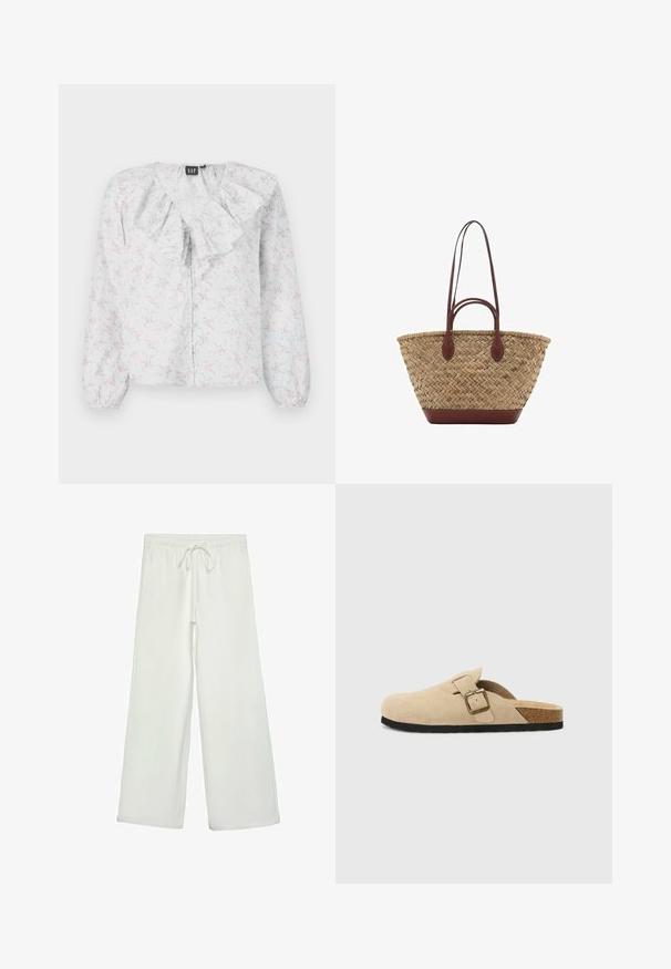 Valkoinen paita, jossa on röyhelökaulus, kukkakuosi vaaleanpunaisena ja sinisenä, pitkät hihat ja nappisuljenta edessä. Kevyt, tekstuuri materiaali.; Valkoiset leveälahkeiset housut pehmeästä kankaasta. Varustettu joustavalla vyötäröllä ja nyörillä sekä sileällä pinnalla. Ei näkyviä kuvioita tai tarvikkeita.; Beige mokkasiner i semsket skinn med korksåle, rund tå og en enkel stropp med gulltone spenne. Gummisåle for godt grep.; Kudottu oljetikassi, jossa on punottu rakenne, tummanruskeat nahkakahvat ja pohja, leveä pyöreä muoto ja avoin ylhästä muotoilu.