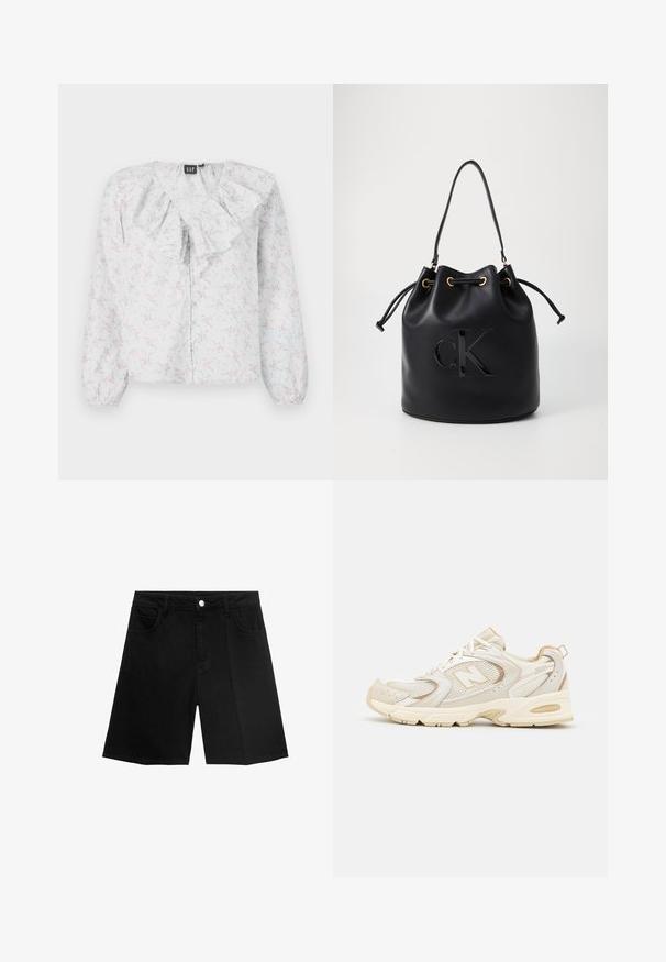 Hvid bluse med en rynket udskæring, blomster mønster i pink og blå, lange ærmer og knap lukning foran. Letvægtigt, tekstureret stof.; Sorte denim shorts med lige snit, fem lommer og sølvfarvet knaplukning. Glat tekstur med minimal syning.; Beige atletik sko med mesh og syntetiske overlejringer, med en tekstureret overflade, polstret krave og "ABZORB" dæmpning ved hælen.; Sort læder bucket bag med snørelukning, der har et glosseret "CK" logo foran og hardware accenter i guld-tone.