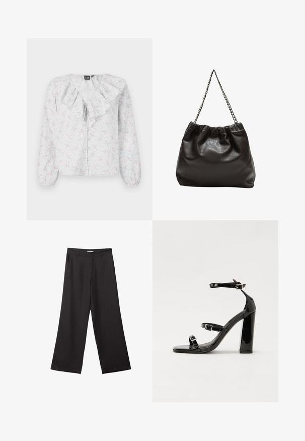 Bijela bluzica s nabranim izrezom, cvjetni uzorak u ružičastoj i plavoj boji, duži rukavi i kopčanje na gumbe sprijeda. Lagana, teksturirana tkanina.; Crne hlače širokog kroja izrađene od glatkog materijala, s prednjim patentnim zatvaračem i dva bočna džepa, s prilagođenim fitom i minimalističkim dizajnom.; Crne lakirane sandale na pete sa kvadratnim nosom, trakama oko gležnja i srebrnim kopčama. Imaju čvrst blok petu za stabilnost.; Smeđa kožna torba s naboranim vrhom i lančićem za nošenje. Glatka tekstura s sjajnim završetkom i suptilnim šavnim detaljima sa strane.