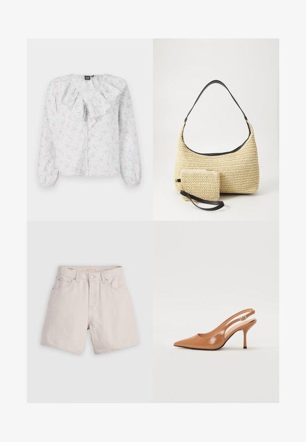 Biała bluzka z falbaniastym dekoltem, wzór kwiatowy w odcieniach różu i niebieskiego, długie rękawy oraz zapięcie na guziki z przodu. Lekki, teksturowany materiał.; Beżowe szorty dżinsowe z wysokim stanem, z przodem na guziki, pętlami na pasek i pięcioma kieszeniami; lekkie o gładkiej fakturze.; Sandały na obcasie z kwadratowym noskiem, wykonane z gładkiego, błyszczącego materiału w kolorze brązowym. Charakteryzują się zaokrąglonym wycięciem i smukłym obcasem typu stiletto. Detal w postaci srebrnej klamry.; Woven straw handbag o zaokrąglonym kształcie, z gładkim czarnym skórzanym paskiem oraz dopasowaną małą sakiewką przypiętą na pasku na nadgarstek.