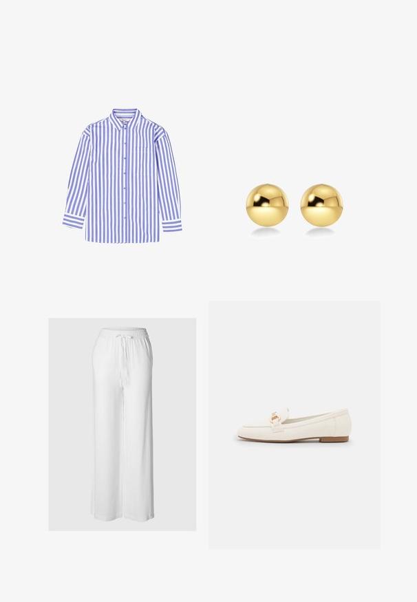 Camisa de botones a rayas en azul claro y blanco, con cuello estándar, mangas largas y un bolsillo en el pecho. Material de algodón.; Pantalones de pierna ancha blancos, hechos de una tela ligera, con una cintura elástica y cordón, y una textura suave.; Mocasines de cuero blanco con suela plana, que presentan un detalle de hebilla en tono dorado y un acabado suave. Diseño clásico con líneas sencillas.; Pendientes esféricos de color dorado con una superficie brillante y reflectante. El diseño es simple y suave, creando un aspecto moderno y minimalista.