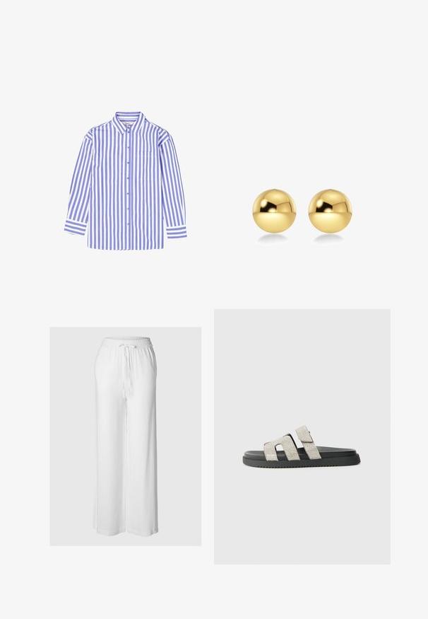 Gestreiftes Hemd in Hellblau und Weiß, mit Kentkragen, langen Ärmeln und einer Brusttasche. Aus Baumwolle.; Weiße weite Hose aus leichtem Stoff, mit elastischem Bund und Kordelzug sowie einer glatten Textur.; Schwarze Riemensandale mit flacher Sohle und zwei vertikalen Bändern, die mit silbernen Strasssteinen verziert sind. Gummioberfläche mit subtiler Profildesign.; Goldfarbene, kugelförmige Ohrringe mit einer glänzenden, reflektierenden Oberfläche. Das Design ist schlicht und glatt, was einen modernen, minimalistischen Look erzeugt.