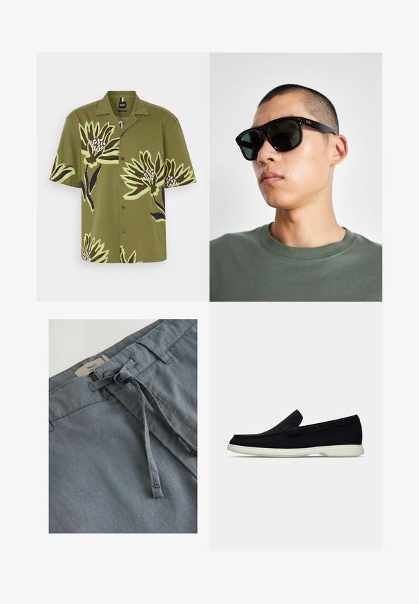 Īsu piedurkņu pogājama krekls olīvzaļā krāsā ar lielu ziedu rakstu melnā un gaiši zaļā krāsā, ar apkakli un priekšējo pogu aizdari.; Pelēki auduma šorti ar mīkstu tekstūru, aprīkoti ar mezglojamu auklu un jostas cilpiņām. Etiķete norāda "NEXT" zīmolu jostas daļā.; Melna slīdnešuve ar noapaļu purngalu, ar teksturētu augšdaļu, gludu baltu zoli un diskrētu zīmola detalizāciju sānos.; Melni taisnstūra saulesbrilles ar tumšiem stikliem, ar izteiksmīgu formu un zīmolu uz tempļa. Valkā cilvēks zaļā krekla.