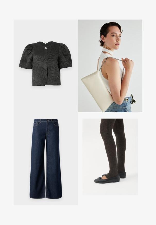 Fekete, textúrált, rövidujjú dzseki puffos ujjal és egyetlen díszes ezüstgombbal a gallérján, egy sima háttéren bemutatva.; Sötét kék farmer széles lábú nadrág. Kontrasztos varrással, öt zsebhálóval és gombos derékzárással rendelkezik. Simás textúra.; Fekete lapos cipők kis masni díszítéssel az orrán, sötétbarna bordázott harisnyával párosítva. A cipők sima textúrával és alacsony profilúak.; Fehér, téglalap alakú, fényes anyagból készült clutch táska, ezüst láncos pánttal. A modell pózol, bemutatva a táskát egy egyszínű háttér előtt.