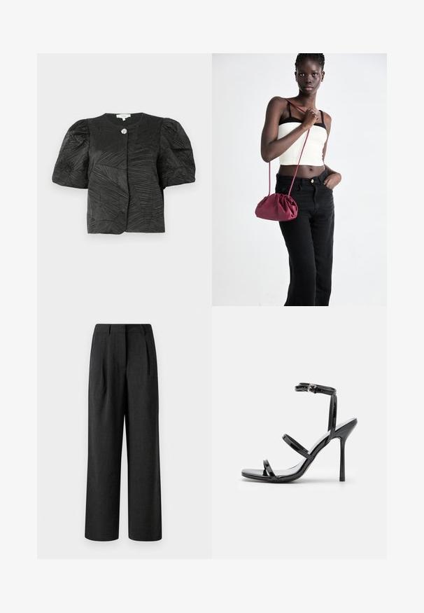 Fekete, textúrált, rövidujjú dzseki puffos ujjal és egyetlen díszes ezüstgombbal a gallérján, egy sima háttéren bemutatva.; Fekete, bő szárú nadrág, textúrált anyagból, elülső redőkkel és szabott derékpánttal, laza szabással tervezve.; Fekete lakkbőr magassarkú szandál, három vízszintes pánttal és állítható bokapánttal. Sleek sziluett és fényes felület.; Burgundy puha anyagú kézitáska, ráncolt dizájnnal és hosszú pánttal, keresztben hordva. A modellen fehér rövid top és fekete farmer van.