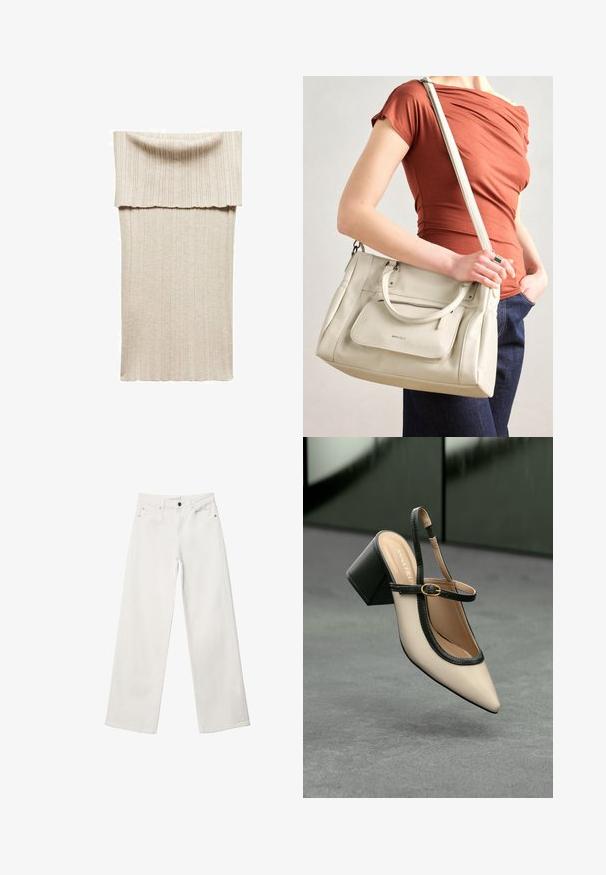 Pletena midi haljina u bež boji s rebrastim uzorkom. Ima široki preklopni ovratnik i prilagođenu siluetu. Mekani, rastezljivi materijal za udobnost.; Bijele široke traperice od denima, s visokim strukom, dizajnom od pet džepova i metalnim zatvaračem. Glatka tekstura, bez uzoraka.; Bež cipele s otvorenom petom i šiljastim vrhom, crnim obrubom, zlatnom kopčom i debelim blok-petom na sivom podu s tamnozelenom pozadinom.; Bijela kožna torba s dvije ručke i odvojivim remenom, s prednjim zatvornim džepom i glatkom teksturom. Drži se na ruci osobe.