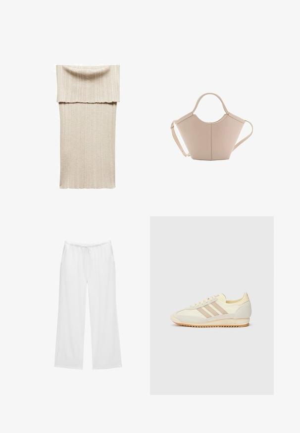 Abito midi lavorato a maglia in beige con una texture a costine. Presenta un ampio colletto ripiegato e una silhouette aderente. Materiale morbido e elasticizzato per il massimo comfort.; Pantaloni bianchi a gamba larga realizzati in un tessuto morbido, con vita elastica dotata di cordino e due tasche laterali. Design semplice e pulito.; Sneaker sportivo crema con tre strisce beige, materiali in suede e tessuto, suola testurizzata e logo in rilievo sul tallone.; Borsa in pelle beige con una forma unica, caratterizzata da due manici corti e una lunga tracolla regolabile. Texture liscia con hardware minimale.