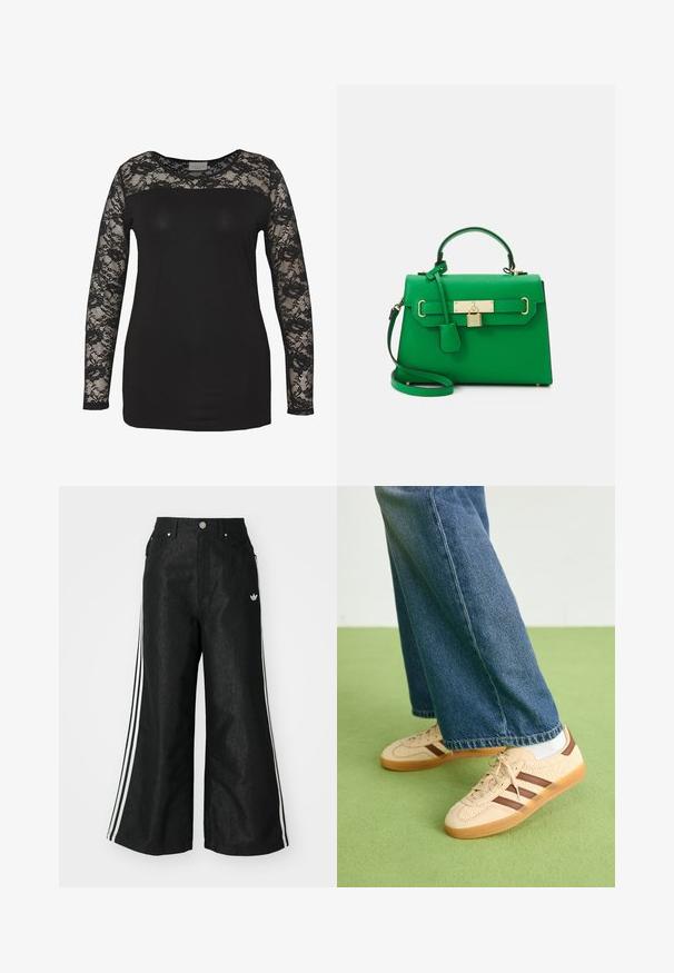 Fekete felső hosszú csipke ujjal, amelynek egyszínű fekete teste és virágmintás csipke részletezése van. Kerek nyakú, sima textúrájú.; Fekete, bő szárú farmernadrág, mindkét oldalon három fehér csík díszítéssel és egy kis fehér logóval. Elölzsebekkel és gombos záródással rendelkezik.; Beige sportcipők textúrált krém színű panelek és barna csíkok részletezésével, kék farmernadrággal párosítva. A farmer széles szárú és rojtos szegéllyel rendelkezik.; Zöld bőr kézitáska strukturált designnal, aranyhardverrel, felső fogantyúval és levehető vállpánttal. Zár díszítéssel és texturált felülettel rendelkezik.; Arany fülbevalók hullámos, texturált formával. Finom drótzárral rendelkezik, és fényes, tükröződő felülete van.