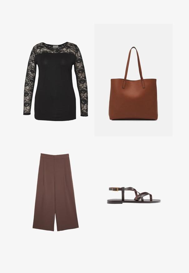Crni top s dugim čipkastim rukavima, s čvrstim crnim tijelom i cvjetnim čipkastim detaljima. Okrugli izrez s glatkom teksturom.; Smeđe hlače širokog kroja s glatkom teksturom, koje imaju visok struk i nabore sprijeda. Tkanina je lagana i slobodno se kreće.; Smeđe kožne sandale s iskrižanim trakama, umetkom za zapešće s kopčanjem i ravnim potplatom s minimalnim detaljima šivanja.; Smeđa kožna torba preko ramena s glatkom teksturom, otvorenim vrhom i dvjema naramenicama. Ima minimalne šavove i nema vidljivog hardvera.