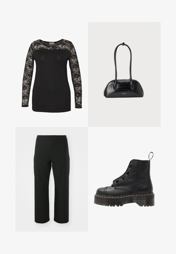 Black top with long lace sleeves, featuring a solid black body and floral lace detailing. Round neckline with smooth texture.; Vero Moda Curve VMCAUGUSTA PANT - Trousers - black; Black leather ankle boot with textured surface, round toe, lace-up design, yellow stitching, and a thick, ridged black platform sole.; Black crocodile-patterned handbag with a smooth texture, rounded shape, and two slender handles. Gold logo accent near the base.; Silver metal hoop earrings, oval-shaped, thin design, lightweight, featuring a smooth texture with a secure clasp for easy wear.