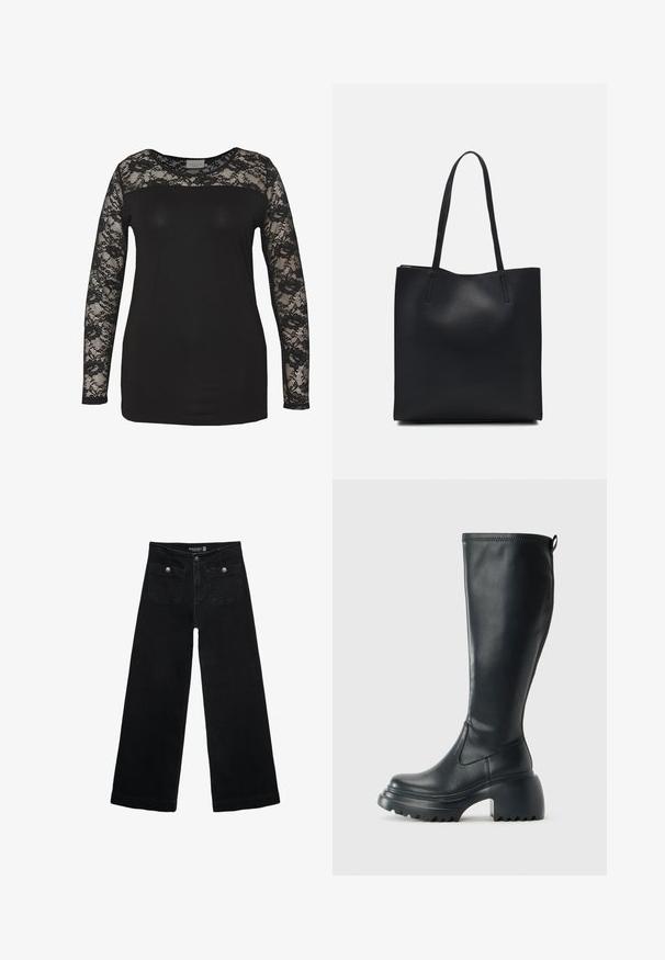 Czarny top z długimi koronkowymi rękawami, z jednolitą czarną częścią i koronkowymi detalami w kwiaty. Okrągły dekolt o gładkiej strukturze.; Czarne, szerokie dżinsy z wysokim stanem, z dwoma przednimi kieszeniami i metalowymi guzikami. Tkanina ma gładką fakturę.; Wysokie czarne skórzane botki z masywną platformą i słupkowym obcasem, z uchwytem i teksturowanym bieżnikiem na podeszwie.; Czarna skórzana torba tote o gładkiej fakturze, prostokątnym kształcie i dwóch długich uchwytach. Brak widocznych elementów metalowych i ozdób.; Czarny naszyjnik-choker z kokardką. Wykonany z gładkiego materiału, posiada dwa końce z srebrnymi końcówkami. Prosty i minimalistyczny design.