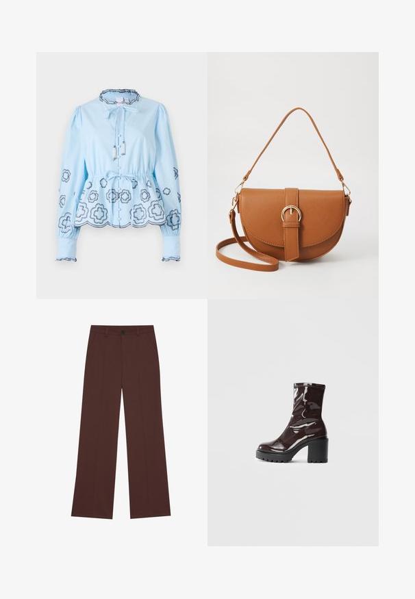 Ljusblå blus med lång ärm, rynkad halsringning och snörning. Har dekorativa blommönster och knäppning fram.; Breda byxor i ett rikt brunt tyg. Har en knappstängning, två framfickor, slät textur och rena linjer.; Glansig bordeauxfärgad ankelsko med en kraftig svart klack, som har en slät yta och enkel design. Inga synliga stängningar eller mönster.; Brun läder crossbody-väska med en böjd form, gyllene detaljer och en spänneaccent. Har en avtagbar axelrem.